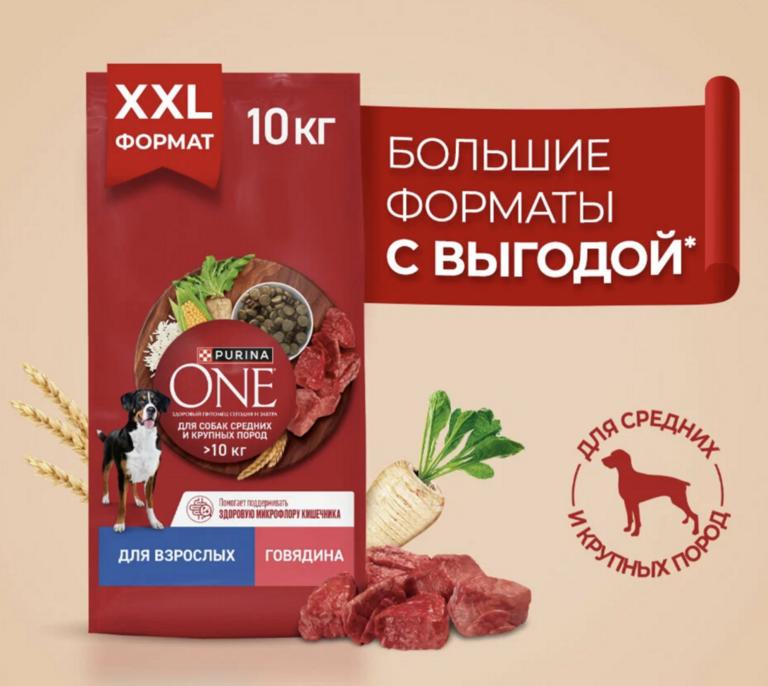 Сухой корм PURINA ONE® для взрослых собак средних и крупных пород, с говядиной и рисом, 10 кг