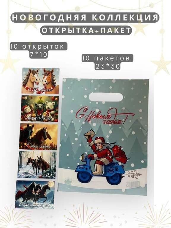 Новогодний пакет Послание с открыткой Лошади, 23х30, 7х10, 10 шт. (с картой OZON)
