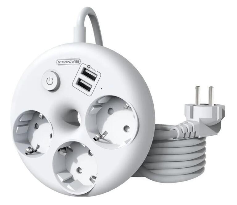 Сетевой фильтр NTONPOWER ODR, 3 розетки 2 USB, 3м, белый (из-за рубежа, с картой OZON)