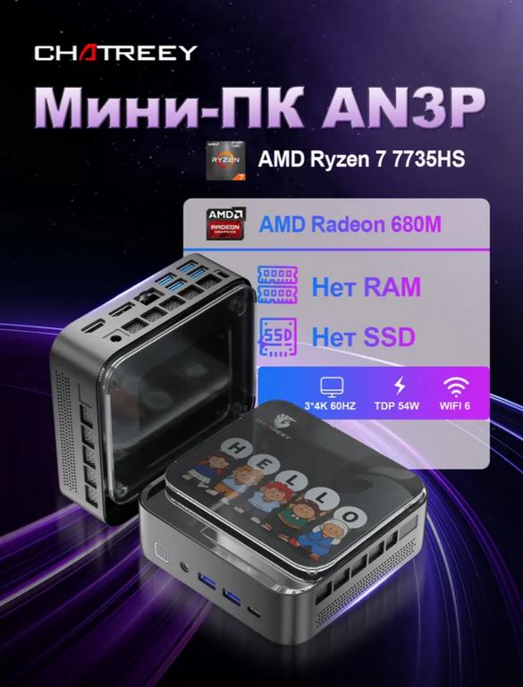 Мини-ПК Chatreey AN3P Ryzen 7 7735HS, 0/0 barebon (с Озон картой, доставка из-за рубежа, пошлины нет)